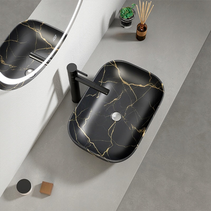 Lavoar ceramic negru cu vene aurii 46,5 cm – montaj pe blat, stil lux