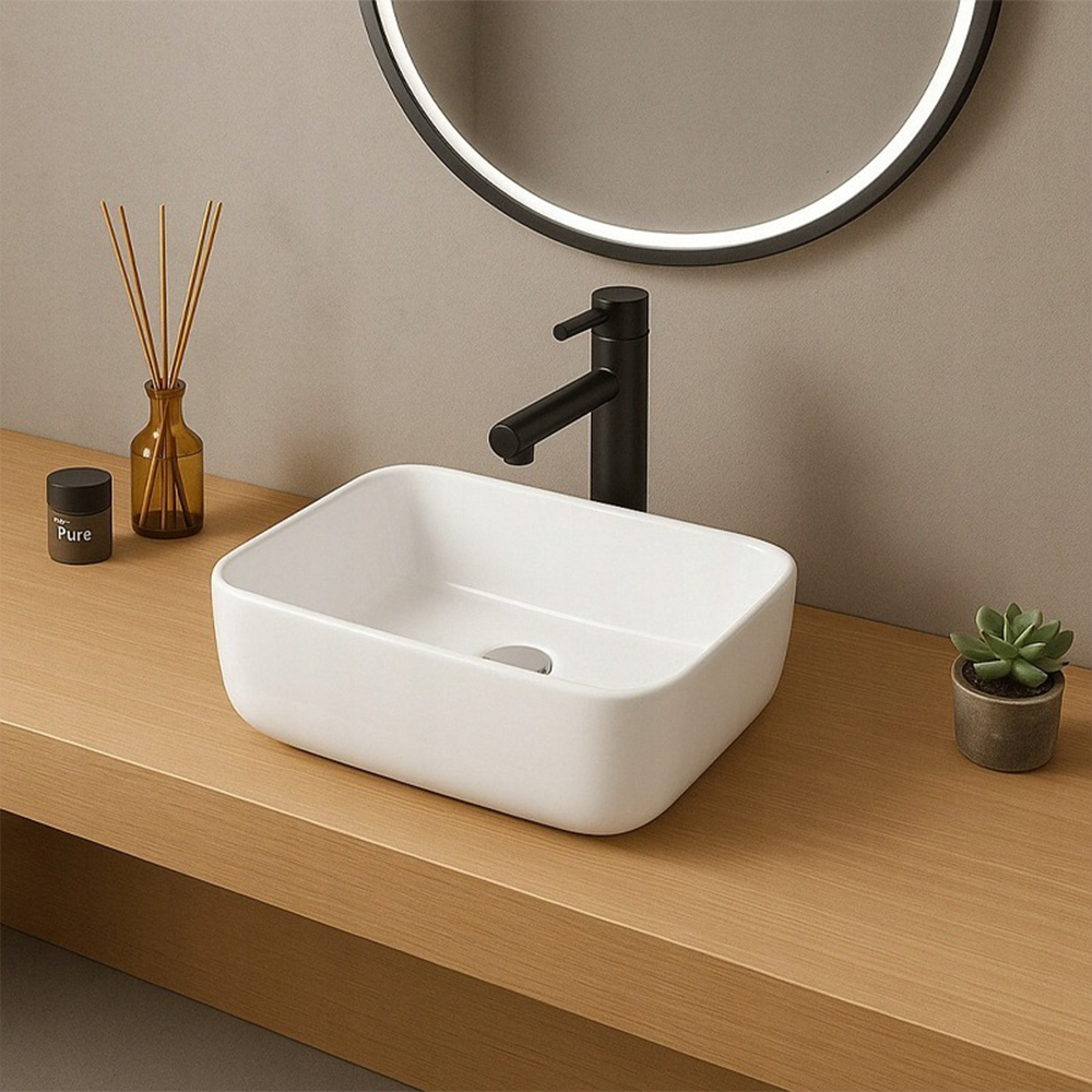 Lavoar ceramic mic 37 cm – oval, alb lucios, pentru toaletă de serviciu