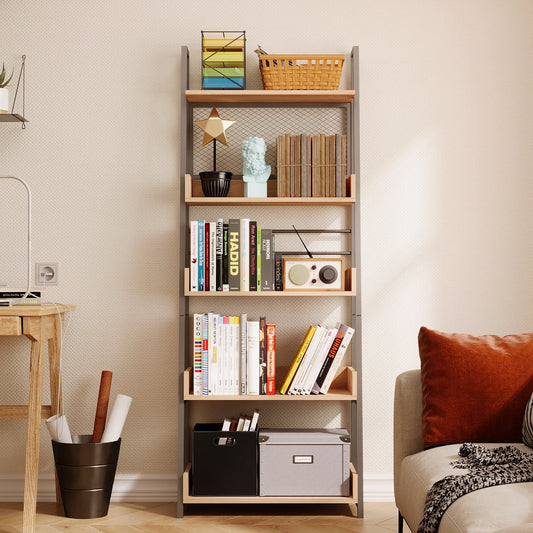Biblioteca Tip Scara Stil Industrial cu 5 Rafturi Stejar si Metal, 63x30x158 cm