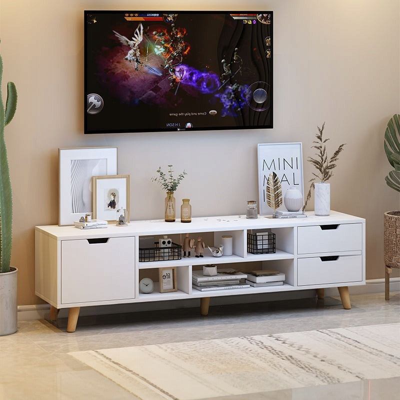 Comoda TV Stil Scandinav din MDF Alb Mat cu Picioare Lemn, 140x30x38 cm