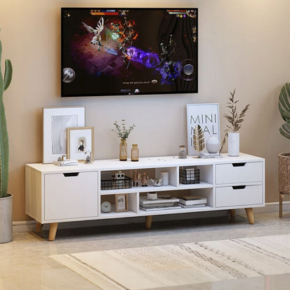 Comoda TV Stil Scandinav din MDF Alb Mat cu Picioare Lemn, 140x30x38 cm