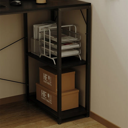 Birou Calculator Stil Loft cu Rafturi, Negru complet, MDF si Metal, 120x48 cm, Home Office