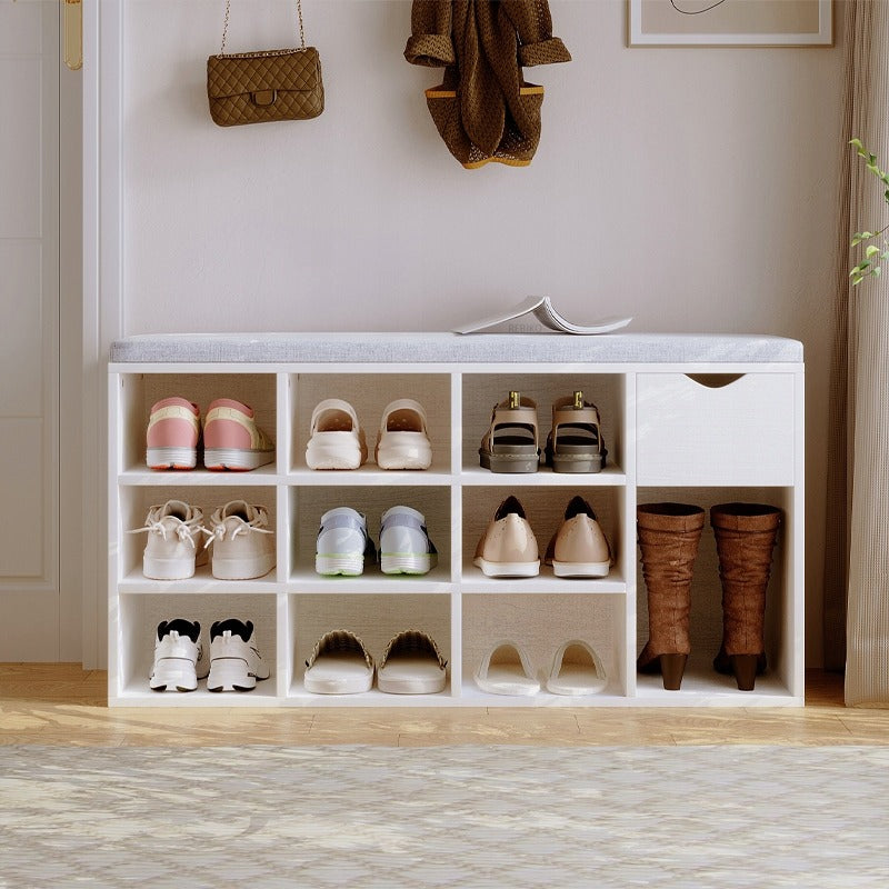 Pantofar cu Șezut 100cm Alb Loft – Bancă Hol pentru 10 Perechi Pantofi