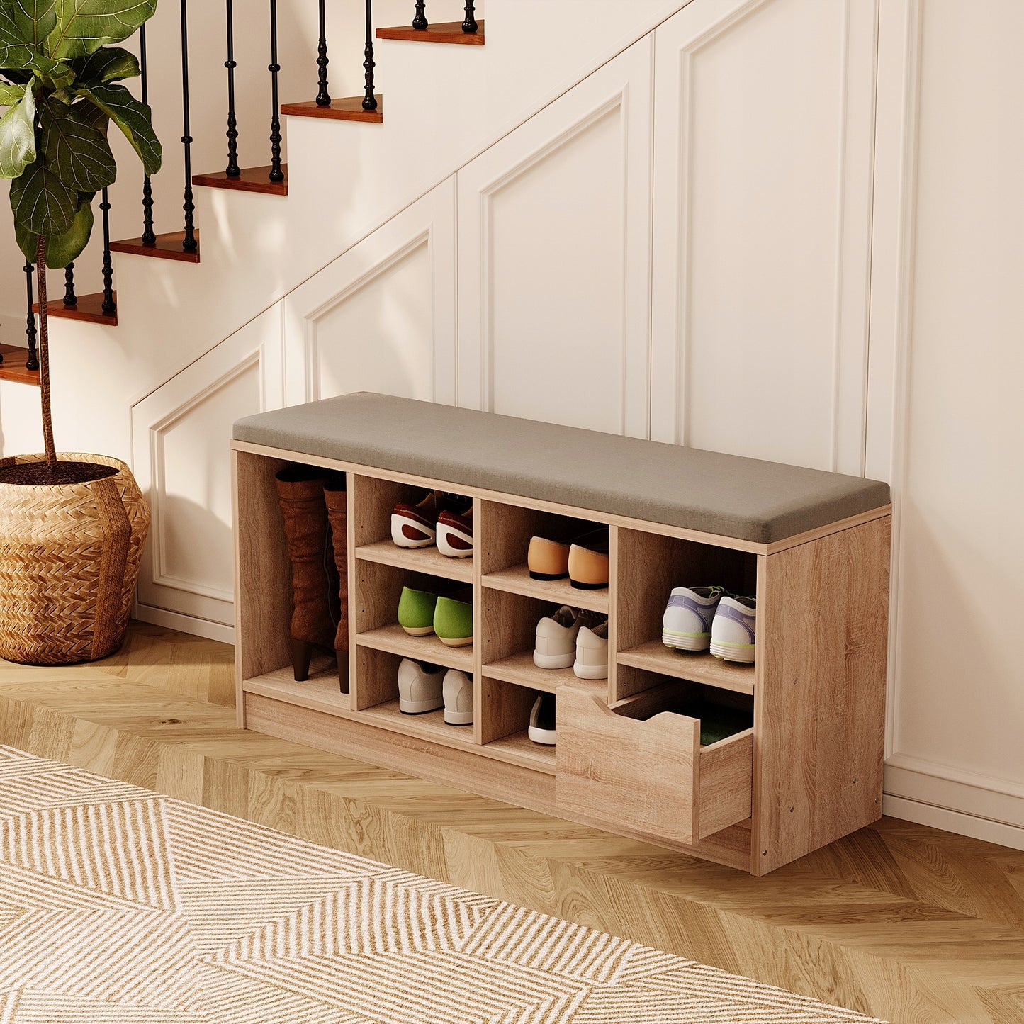 Banca pentru Hol cu Pantofar si Sezut Tapitat, Stejar Sonoma Stil Loft, 100x30x50 cm