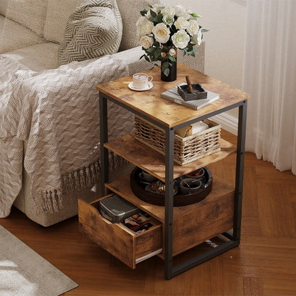 Noptiera Dormitor Stil Loft Retro din MDF Maro Inchis cu Sertar si 2 Rafturi, 40x40x60 cm