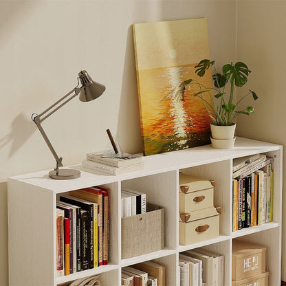 Etajeră Compartimentată 8 Cuburi 130cm – Bibliotecă Joasă Albă 4x2