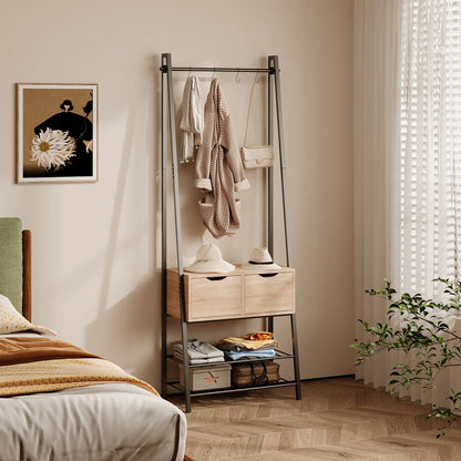 Cuier de Podea Stil Industrial Loft cu 2 Sertare si Pantofar, Stejar Deschis si Otel Negru, 70x32x178 cm
