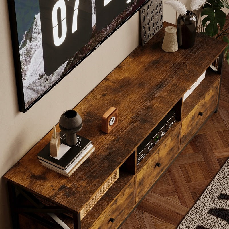 Comoda TV Stil Industrial Loft din MDF si Metal, Maro Rustic, 143x40x50 cm