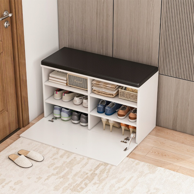 Dulap pantofi cu bancă – 85 cm, alb, 6 rafturi, pentru hol