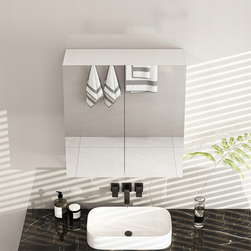 Dulap oglindă baie 60 cm – alb, suspendat, MDF, organizare cosmetice