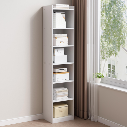 Bibliotecă verticală 180 cm – albă, 7 compartimente, MDF, pentru living/birou