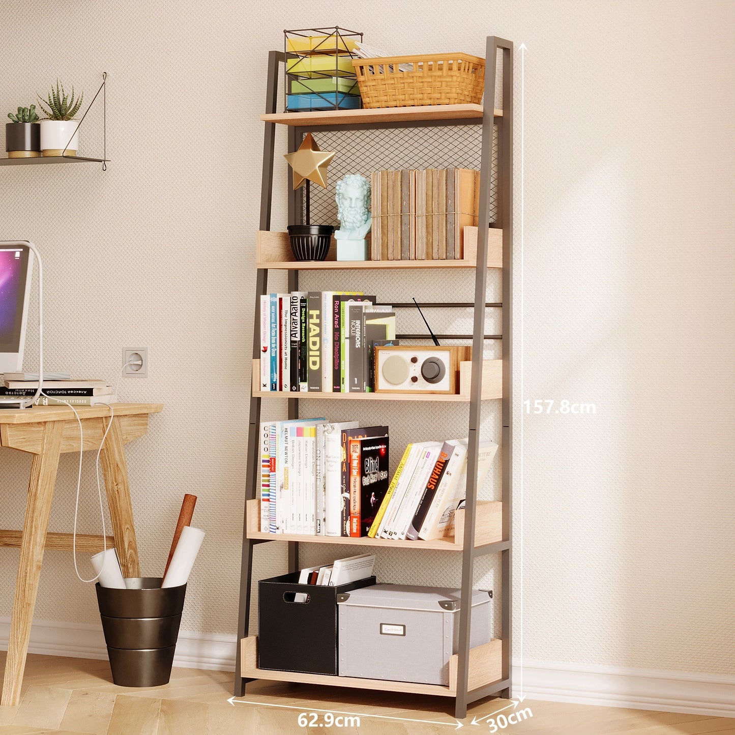 Biblioteca Tip Scara Stil Industrial cu 5 Rafturi Stejar si Metal, 63x30x158 cm