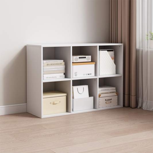Bibliotecă 6 cuburi 90 cm – albă, MDF, raft 2x3 pentru living/birou