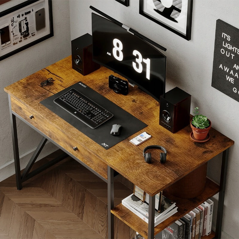 Birou Calculator Stil Loft cu Sertar si Rafturi, Maro Rustic si Metal, 120x60x74 cm