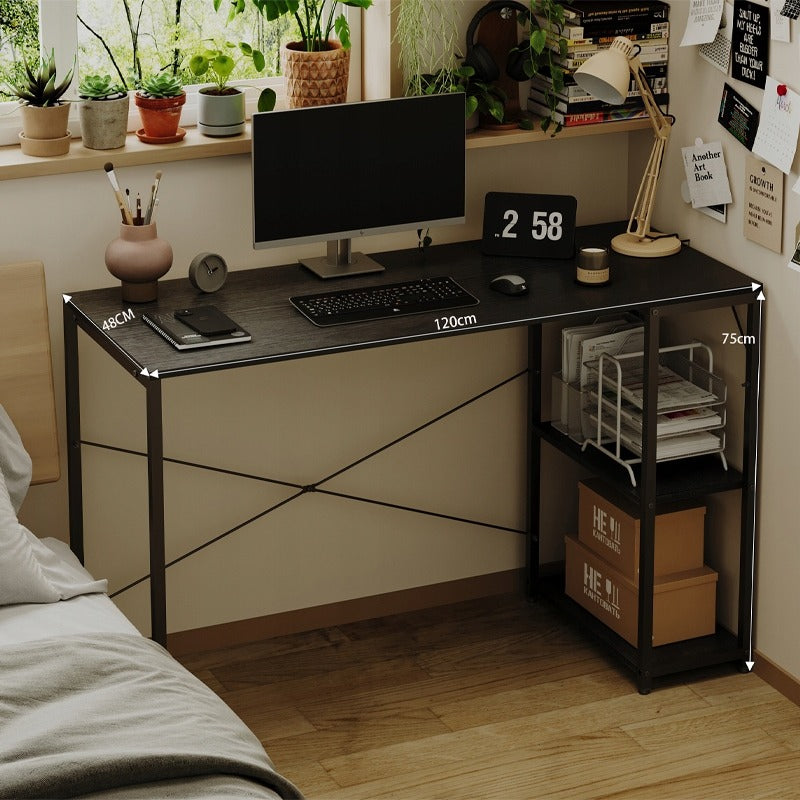 Birou Calculator Stil Loft cu Rafturi, Negru complet, MDF si Metal, 120x48 cm, Home Office