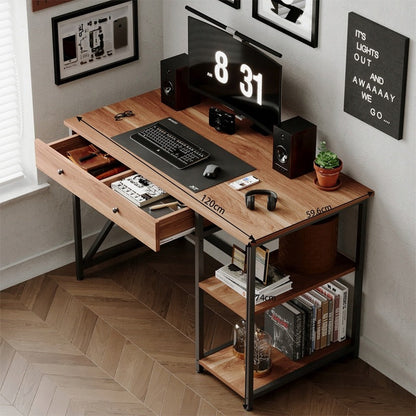 Birou Calculator Stil Loft cu Sertar si Rafturi, Maro Deschis si Metal, 120x60x74 cm