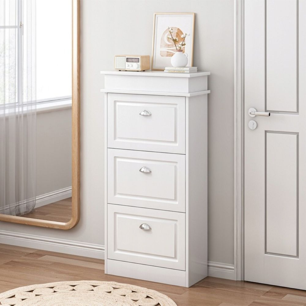 Dulap pantofi slim alb – 3 uși, 117 cm, MDF, pentru hol/dressing
