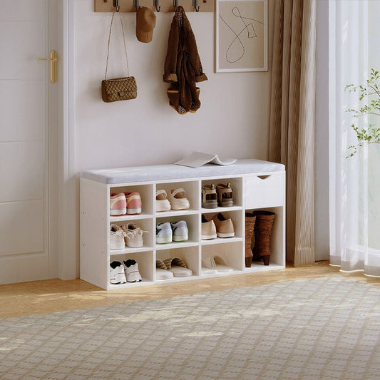 Pantofar cu Șezut 100cm Alb Loft – Bancă Hol pentru 10 Perechi Pantofi