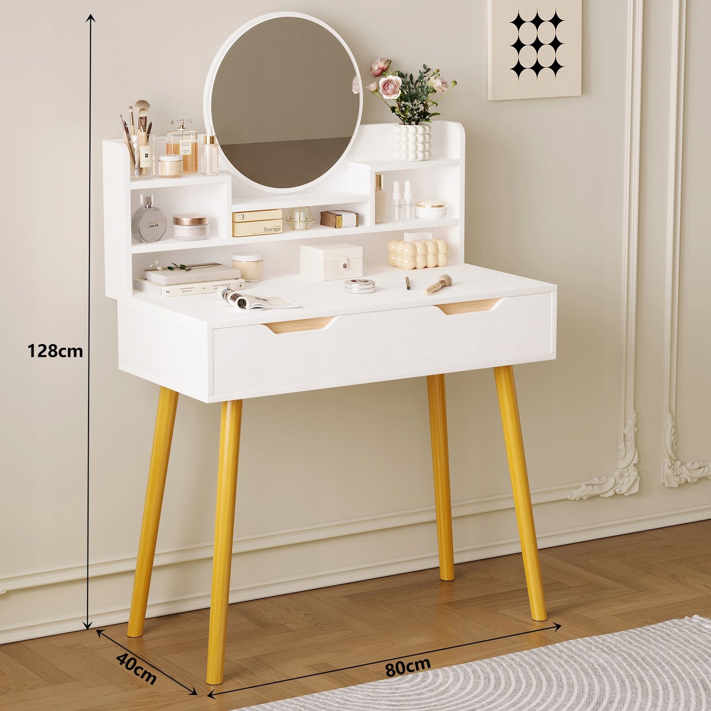 Masuta de Toaleta pentru Machiaj Stil Scandinav Alb Mat, Oglinda Rotunda si Sertar, 80 cm