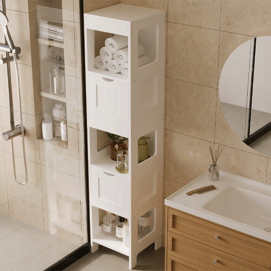 Dulap Inalt de Baie Tip Coloana cu Sertare si Rafturi, Alb, 30x30x142 cm, MDF