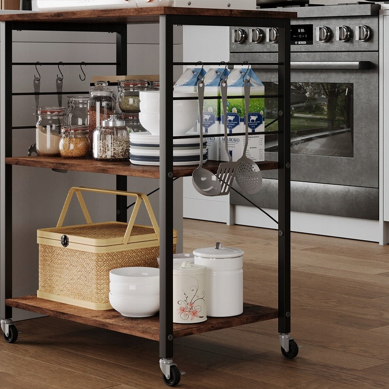 Carucior de Bucatarie pe Roti Stil Loft, 60x40x89 cm, Masa Mobil Mic Dejun Maro/Negru