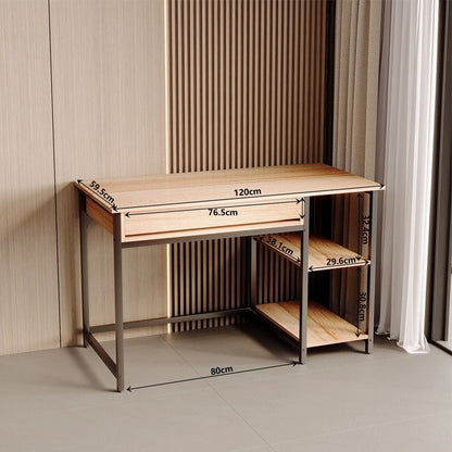 Birou Computer Stil Industrial Loft cu Sertare, Stejar Deschis si Cadru Metalic Negru, 120x60x76 cm