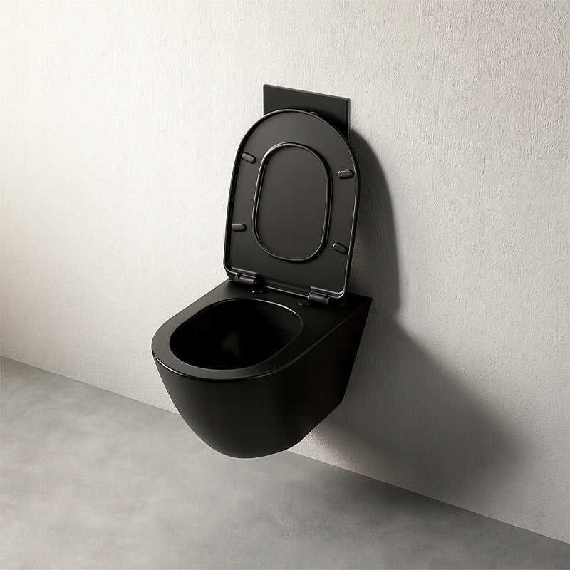 Vas WC Suspendat Negru Rimless cu Spalare Vortex si Capac Soft-Close, 49 cm