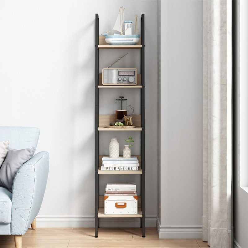 Biblioteca Tip Scara Stil Loft cu 5 Rafturi, Maro Deschis si Metal, 33.8x30x170 cm