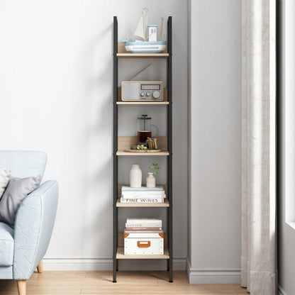 Biblioteca Tip Scara Stil Loft cu 5 Rafturi, Maro Deschis si Metal, 33.8x30x170 cm