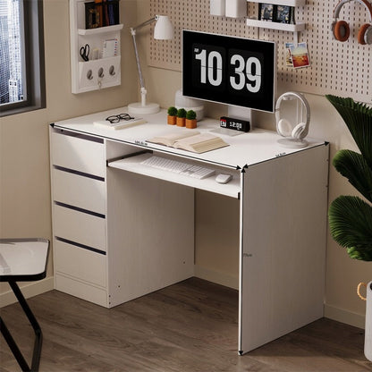 Birou Tineret cu Sertare si Raft, Alb Complet din MDF, 110x55x77 cm