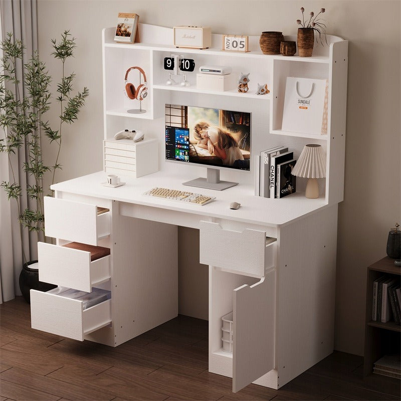 Birou Alb cu Extensie si Rafturi, Masa PC cu 4 Sertare, Textura Lemn, 130x50x148 cm