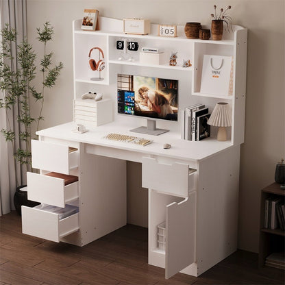 Birou Alb cu Extensie si Rafturi, Masa PC cu 4 Sertare, Textura Lemn, 130x50x148 cm