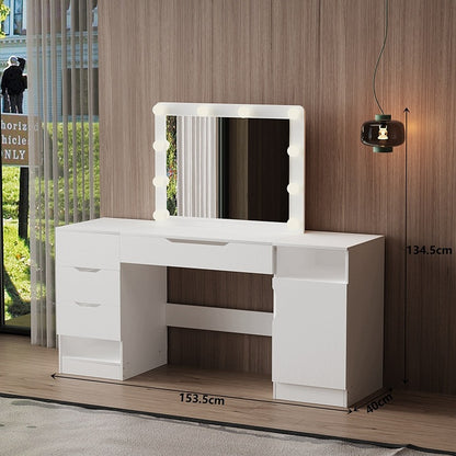 Masuta de Toaleta Profesionala cu Oglinda LED 80x60 cm, Statie Machiaj Alba XXL, 154 cm