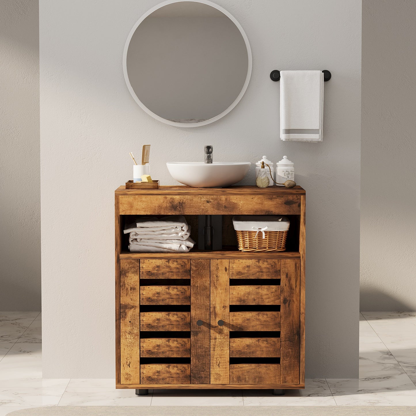 Masca Chiuveta Baie din MDF 60 cm, Dulap sub Lavoar Maro Rustic cu Usi