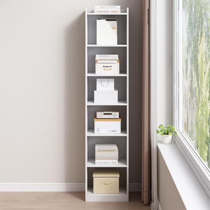 Bibliotecă verticală 180 cm – albă, 7 compartimente, MDF, pentru living/birou