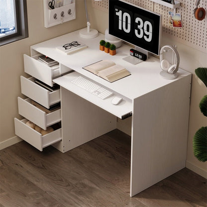Birou Tineret cu Sertare si Raft, Alb Complet din MDF, 110x55x77 cm