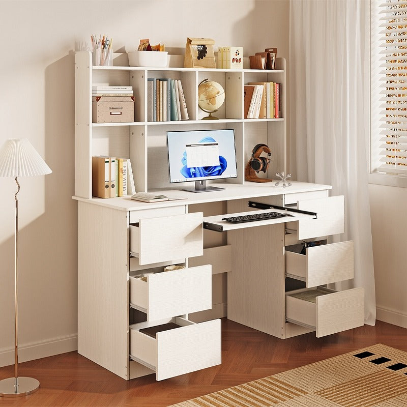 Birou cu Extensie si 6 Sertare din MDF Alb Textura Lemn, 130x50x146 cm
