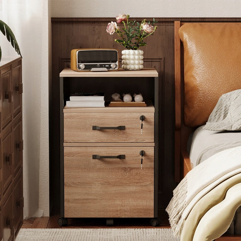 Container Mobil Documente Stil Loft cu 2 Sertare si Incuietoare, Maro Deschis, 42x44x69 cm