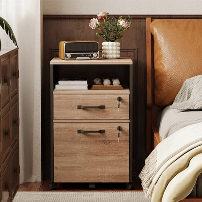 Container Mobil Documente Stil Loft cu 2 Sertare si Incuietoare, Maro Deschis, 42x44x69 cm