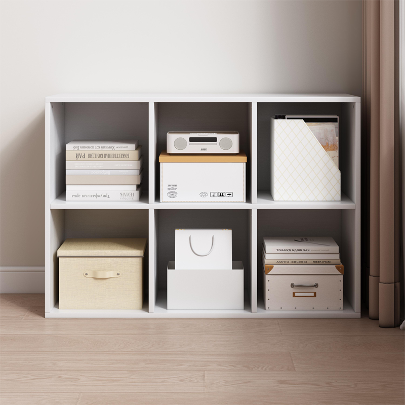 Bibliotecă 6 cuburi 90 cm – albă, MDF, raft 2x3 pentru living/birou