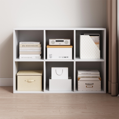 Bibliotecă 6 cuburi 90 cm – albă, MDF, raft 2x3 pentru living/birou