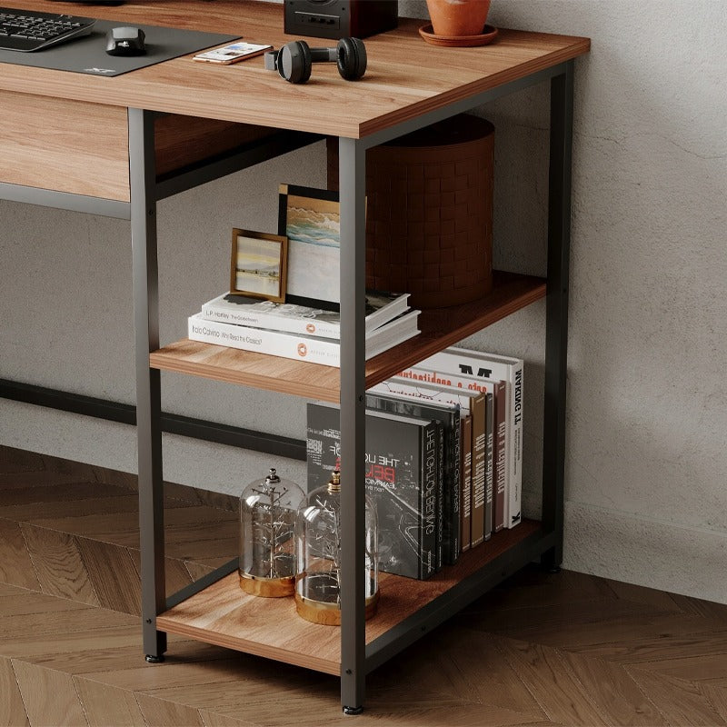 Birou Calculator Stil Loft cu Sertar si Rafturi, Maro Deschis si Metal, 120x60x74 cm
