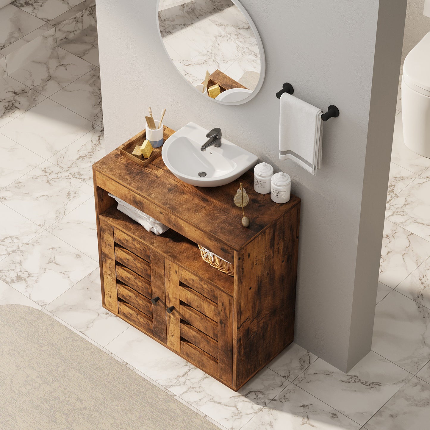 Masca Chiuveta Baie din MDF 60 cm, Dulap sub Lavoar Maro Rustic cu Usi