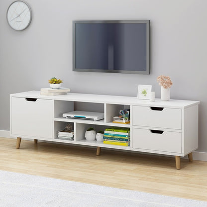 Comoda TV Stil Scandinav din MDF Alb Mat cu Picioare Lemn, 140x30x38 cm