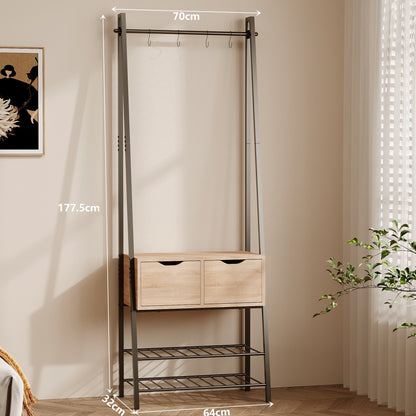 Cuier de Podea Stil Industrial Loft cu 2 Sertare si Pantofar, Stejar Deschis si Otel Negru, 70x32x178 cm
