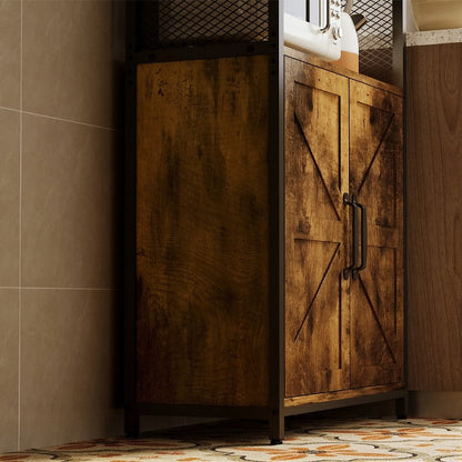 Bufet Inalt Stil Loft cu 2 Usi si Rafturi, Maro Rustic si Metal, 64x30x151 cm