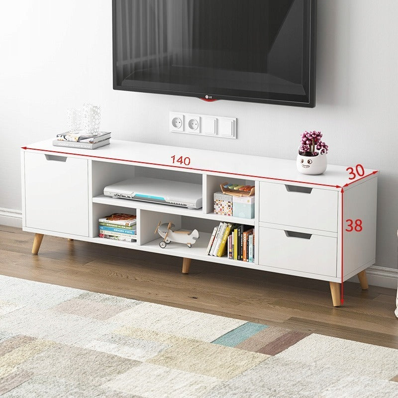 Comoda TV Stil Scandinav din MDF Alb Mat cu Picioare Lemn, 140x30x38 cm