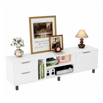 Comoda TV Stil Scandinav Alb Mat cu Sertare si Ușa, Stand TV Living, 140x30x41 cm