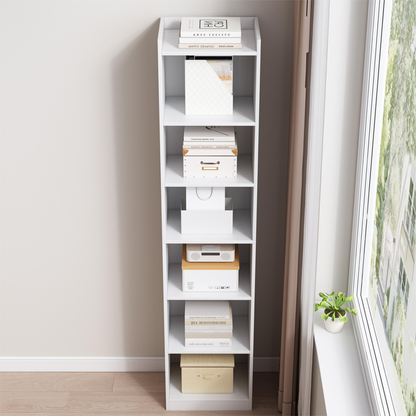 Bibliotecă verticală 180 cm – albă, 7 compartimente, MDF, pentru living/birou