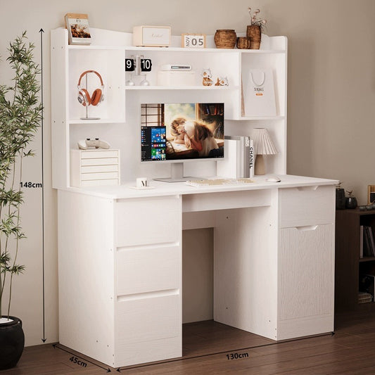 Birou Alb cu Extensie si Rafturi, Masa PC cu 4 Sertare, Textura Lemn, 130x50x148 cm